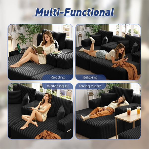 English Elm Oversized Plush Corduroy Convertible Chaise Lounge Sleeper with Storage Pocket Pillows Black W3219S00022