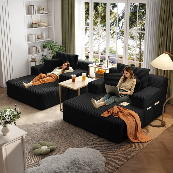 English Elm Oversized Plush Corduroy Convertible Chaise Lounge Sleeper with Storage Pocket Pillows Black W3219S00022