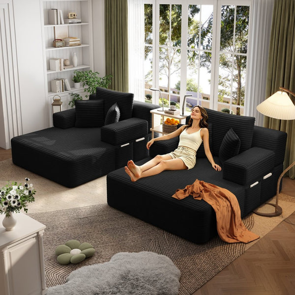 English Elm Oversized Plush Corduroy Convertible Chaise Lounge Sleeper with Storage Pocket Pillows Black W3219S00022