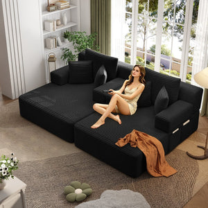 English Elm Oversized Plush Corduroy Convertible Chaise Lounge Sleeper with Storage Pocket Pillows Black W3219S00022
