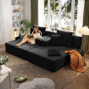English Elm Oversized Plush Corduroy Convertible Chaise Lounge Sleeper with Storage Pocket Pillows Black W3219S00022