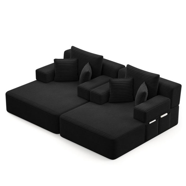 English Elm Oversized Plush Corduroy Convertible Chaise Lounge Sleeper with Storage Pocket Pillows Black W3219S00022