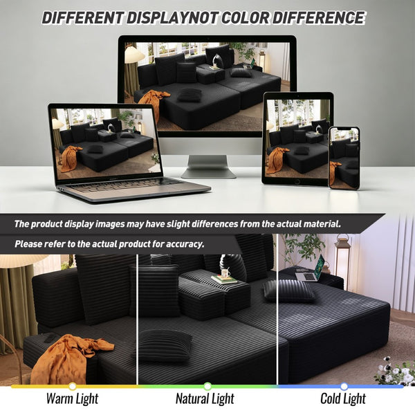 English Elm Oversized Plush Corduroy Convertible Chaise Lounge Sleeper with Storage Pocket Pillows Black W3219S00022