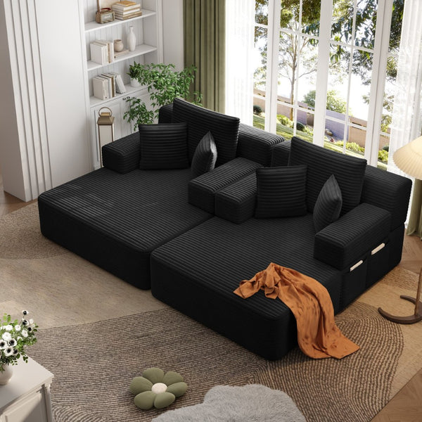 English Elm Oversized Plush Corduroy Convertible Chaise Lounge Sleeper with Storage Pocket Pillows Black W3219S00022
