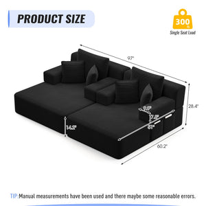 English Elm Oversized Plush Corduroy Convertible Chaise Lounge Sleeper with Storage Pocket Pillows Black W3219S00022