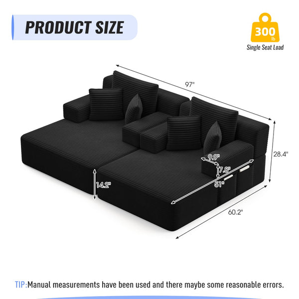 English Elm Oversized Plush Corduroy Convertible Chaise Lounge Sleeper with Storage Pocket Pillows Black W3219S00022