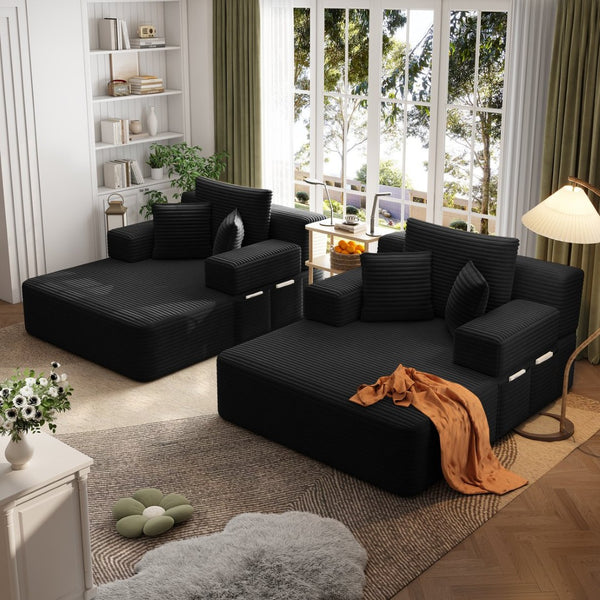 English Elm Oversized Plush Corduroy Convertible Chaise Lounge Sleeper with Storage Pocket Pillows Black W3219S00022