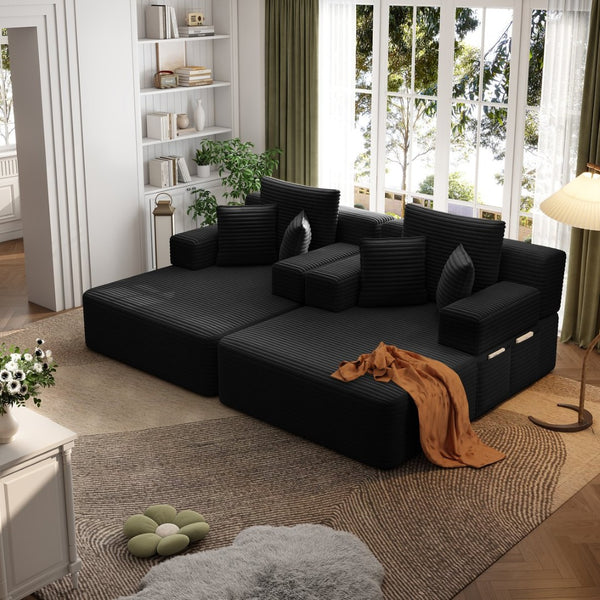 English Elm Oversized Plush Corduroy Convertible Chaise Lounge Sleeper with Storage Pocket Pillows Black W3219S00022