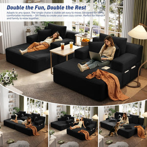 English Elm Oversized Plush Corduroy Convertible Chaise Lounge Sleeper with Storage Pocket Pillows Black W3219S00022