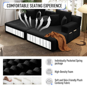 English Elm Oversized Plush Corduroy Convertible Chaise Lounge Sleeper with Storage Pocket Pillows Black W3219S00022