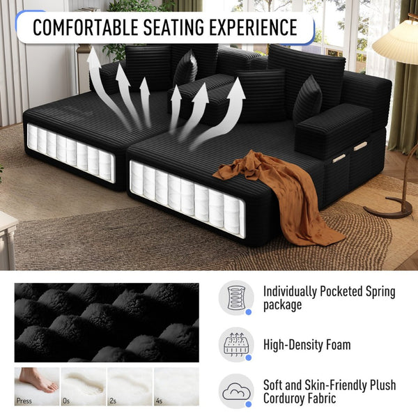 English Elm Oversized Plush Corduroy Convertible Chaise Lounge Sleeper with Storage Pocket Pillows Black W3219S00022