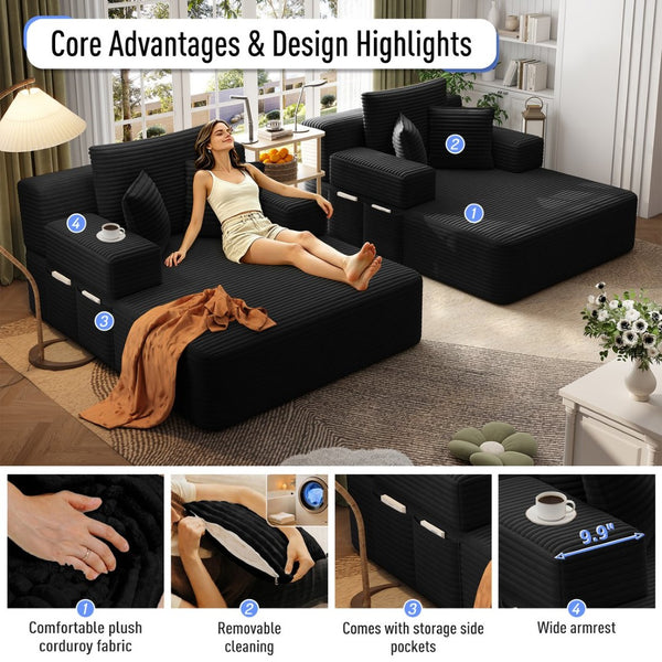 English Elm Oversized Plush Corduroy Convertible Chaise Lounge Sleeper with Storage Pocket Pillows Black W3219S00022