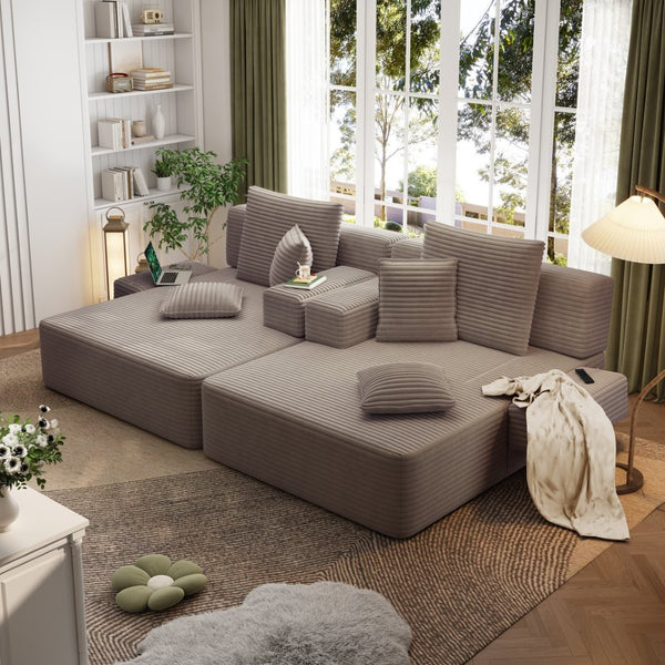 English Elm Oversized Plush Corduroy Convertible Chaise Lounge Sleeper with Storage Pocket Pillows Coffee W3219S00023