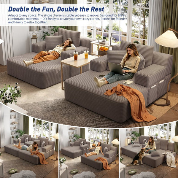 English Elm Oversized Plush Corduroy Convertible Chaise Lounge Sleeper with Storage Pocket Pillows Coffee W3219S00023