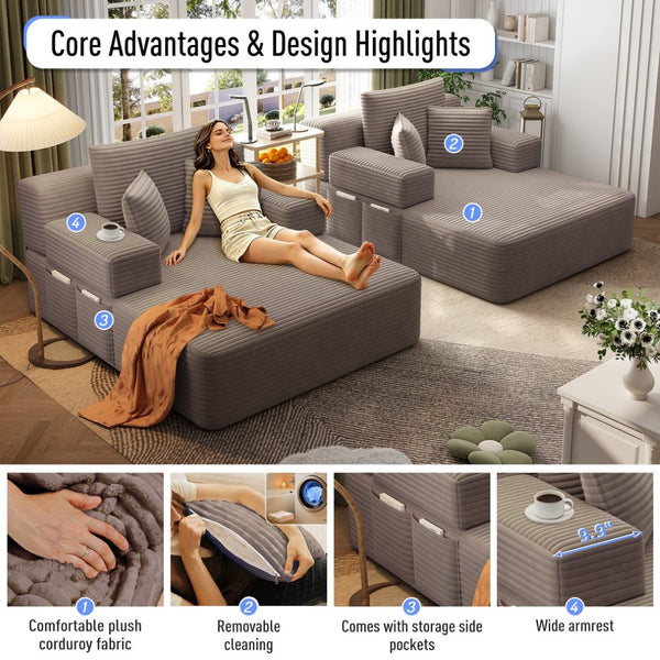 English Elm Oversized Plush Corduroy Convertible Chaise Lounge Sleeper with Storage Pocket Pillows Coffee W3219S00023