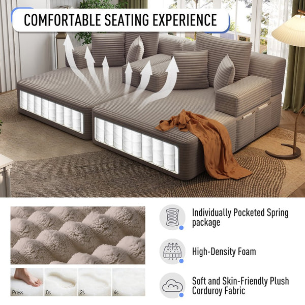 English Elm Oversized Plush Corduroy Convertible Chaise Lounge Sleeper with Storage Pocket Pillows Coffee W3219S00023