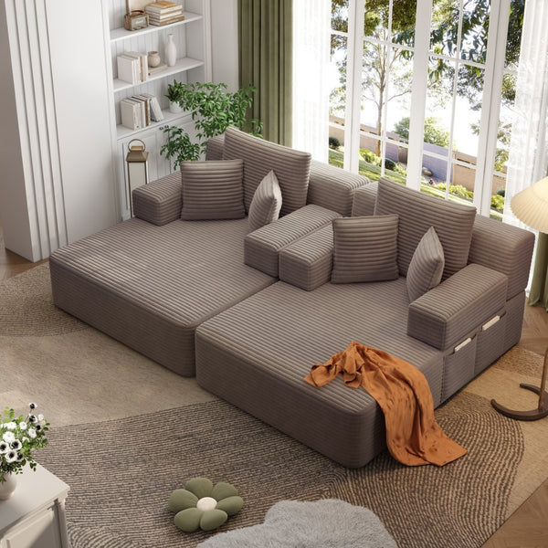 English Elm Oversized Plush Corduroy Convertible Chaise Lounge Sleeper with Storage Pocket Pillows Coffee W3219S00023