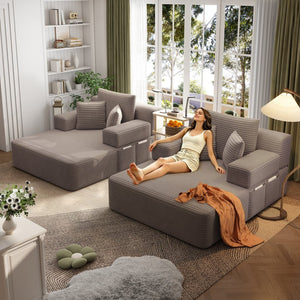 English Elm Oversized Plush Corduroy Convertible Chaise Lounge Sleeper with Storage Pocket Pillows Coffee W3219S00023