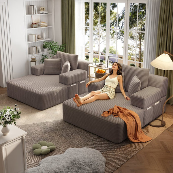 English Elm Oversized Plush Corduroy Convertible Chaise Lounge Sleeper with Storage Pocket Pillows Coffee W3219S00023