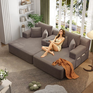 English Elm Oversized Plush Corduroy Convertible Chaise Lounge Sleeper with Storage Pocket Pillows Coffee W3219S00023