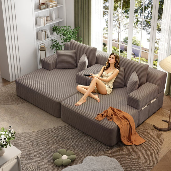 English Elm Oversized Plush Corduroy Convertible Chaise Lounge Sleeper with Storage Pocket Pillows Coffee W3219S00023