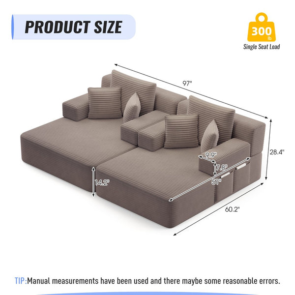 English Elm Oversized Plush Corduroy Convertible Chaise Lounge Sleeper with Storage Pocket Pillows Coffee W3219S00023