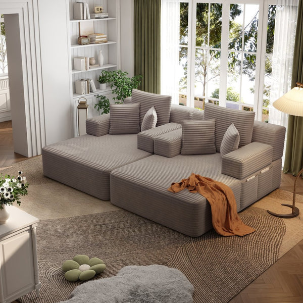 English Elm Oversized Plush Corduroy Convertible Chaise Lounge Sleeper with Storage Pocket Pillows Coffee W3219S00023