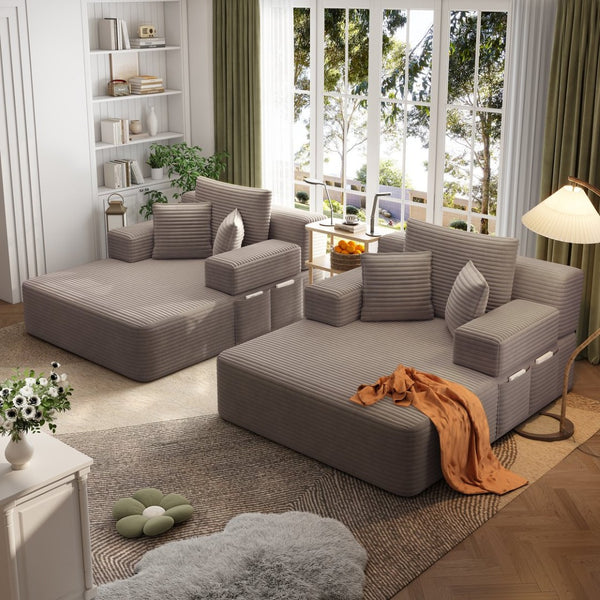 English Elm Oversized Plush Corduroy Convertible Chaise Lounge Sleeper with Storage Pocket Pillows Coffee W3219S00023