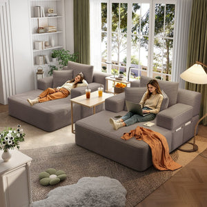 English Elm Oversized Plush Corduroy Convertible Chaise Lounge Sleeper with Storage Pocket Pillows Coffee W3219S00023