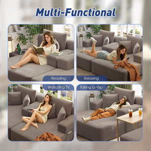 English Elm Oversized Plush Corduroy Convertible Chaise Lounge Sleeper with Storage Pocket Pillows Coffee W3219S00023