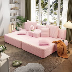 English Elm Oversized Plush Corduroy Convertible Chaise Lounge Sleeper with Storage Pocket Pillows Pink W3219S00024