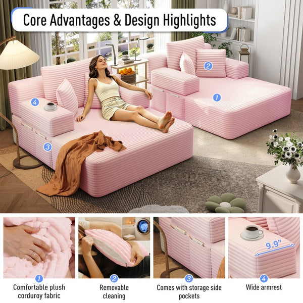English Elm Oversized Plush Corduroy Convertible Chaise Lounge Sleeper with Storage Pocket Pillows Pink W3219S00024
