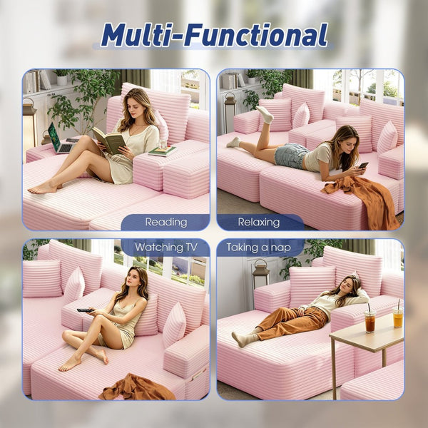 English Elm Oversized Plush Corduroy Convertible Chaise Lounge Sleeper with Storage Pocket Pillows Pink W3219S00024