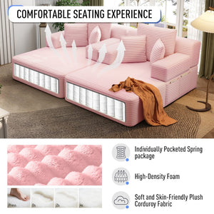 English Elm Oversized Plush Corduroy Convertible Chaise Lounge Sleeper with Storage Pocket Pillows Pink W3219S00024