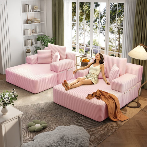 English Elm Oversized Plush Corduroy Convertible Chaise Lounge Sleeper with Storage Pocket Pillows Pink W3219S00024