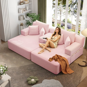 English Elm Oversized Plush Corduroy Convertible Chaise Lounge Sleeper with Storage Pocket Pillows Pink W3219S00024