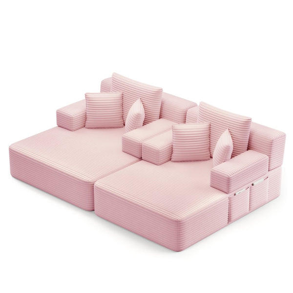 English Elm Oversized Plush Corduroy Convertible Chaise Lounge Sleeper with Storage Pocket Pillows Pink W3219S00024