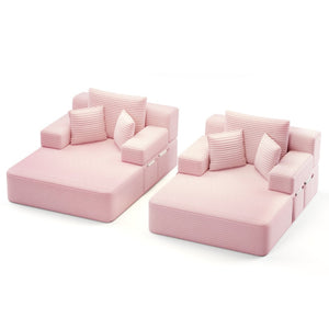 English Elm Oversized Plush Corduroy Convertible Chaise Lounge Sleeper with Storage Pocket Pillows Pink W3219S00024