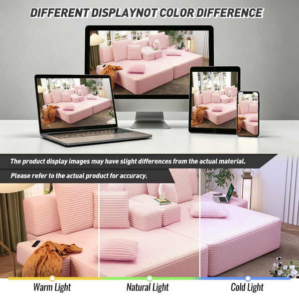 English Elm Oversized Plush Corduroy Convertible Chaise Lounge Sleeper with Storage Pocket Pillows Pink W3219S00024