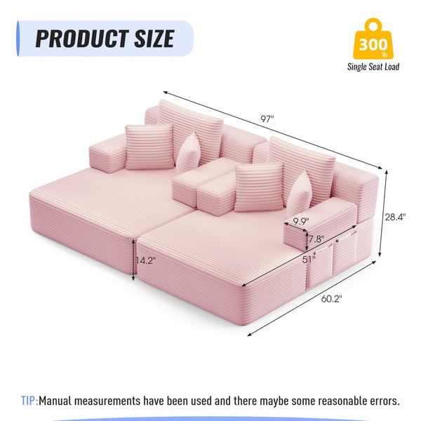 English Elm Oversized Plush Corduroy Convertible Chaise Lounge Sleeper with Storage Pocket Pillows Pink W3219S00024