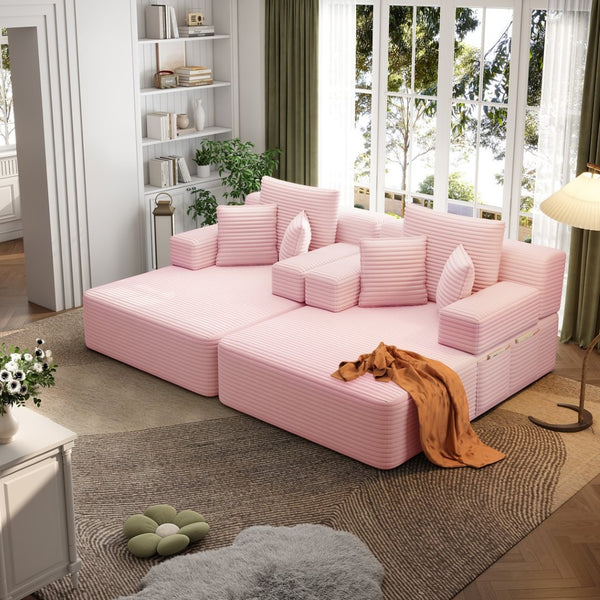 English Elm Oversized Plush Corduroy Convertible Chaise Lounge Sleeper with Storage Pocket Pillows Pink W3219S00024