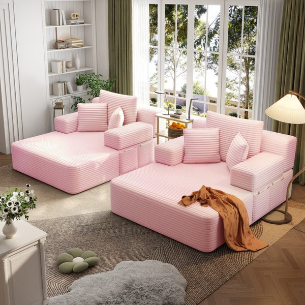 English Elm Oversized Plush Corduroy Convertible Chaise Lounge Sleeper with Storage Pocket Pillows Pink W3219S00024