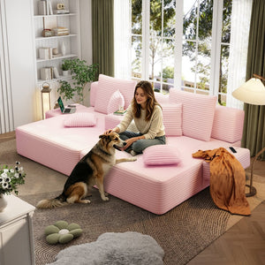 English Elm Oversized Plush Corduroy Convertible Chaise Lounge Sleeper with Storage Pocket Pillows Pink W3219S00024