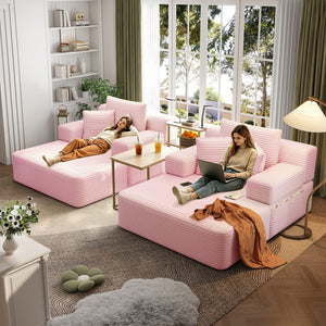 English Elm Oversized Plush Corduroy Convertible Chaise Lounge Sleeper with Storage Pocket Pillows Pink W3219S00024