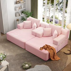 English Elm Oversized Plush Corduroy Convertible Chaise Lounge Sleeper with Storage Pocket Pillows Pink W3219S00024