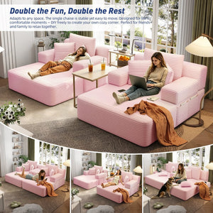 English Elm Oversized Plush Corduroy Convertible Chaise Lounge Sleeper with Storage Pocket Pillows Pink W3219S00024