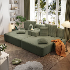 English Elm Oversized Plush Corduroy Convertible Chaise Lounge Sleeper with Storage Pocket Pillows Green W3219S00025