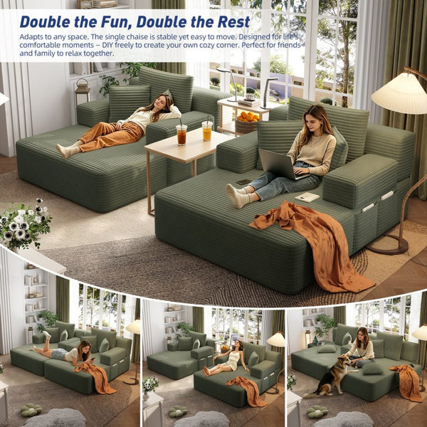 English Elm Oversized Plush Corduroy Convertible Chaise Lounge Sleeper with Storage Pocket Pillows Green W3219S00025