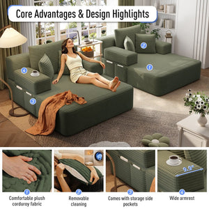 English Elm Oversized Plush Corduroy Convertible Chaise Lounge Sleeper with Storage Pocket Pillows Green W3219S00025