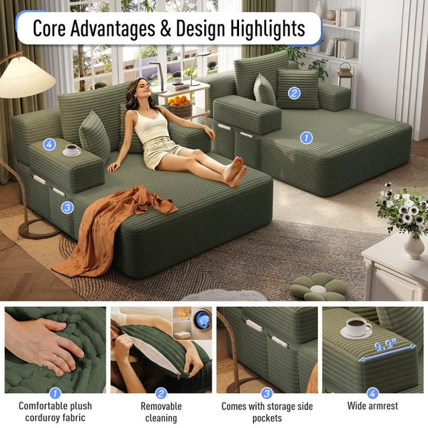 English Elm Oversized Plush Corduroy Convertible Chaise Lounge Sleeper with Storage Pocket Pillows Green W3219S00025